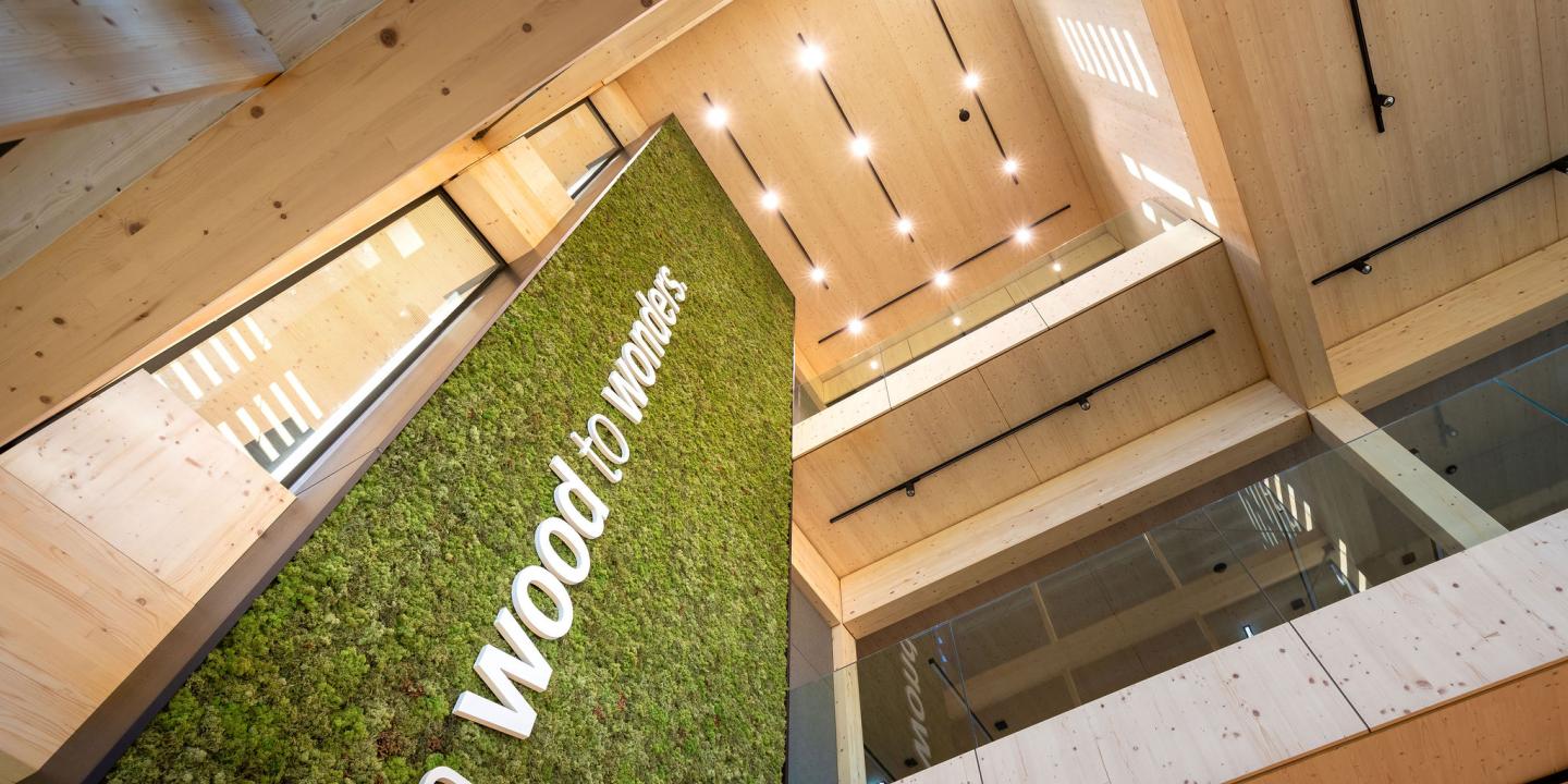 Das neue Bürogebäude der HASSLACHER PREDING Holzindustrie, Innen Blick nach oben mit Mooswand und Logo