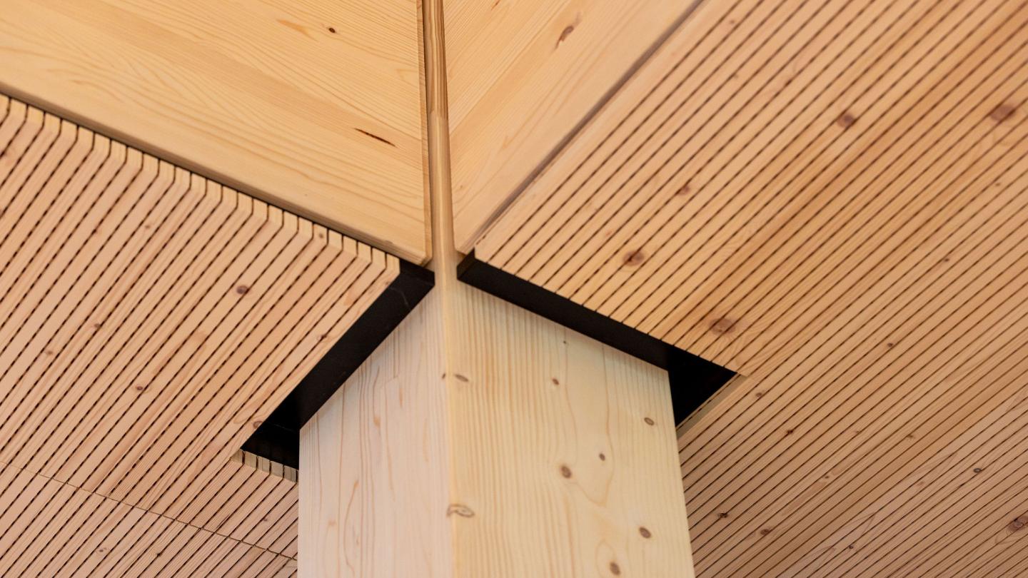 The new office building of HASSLACHER PREDING Holzindustrie, interior ceiling with supporting beams Detail