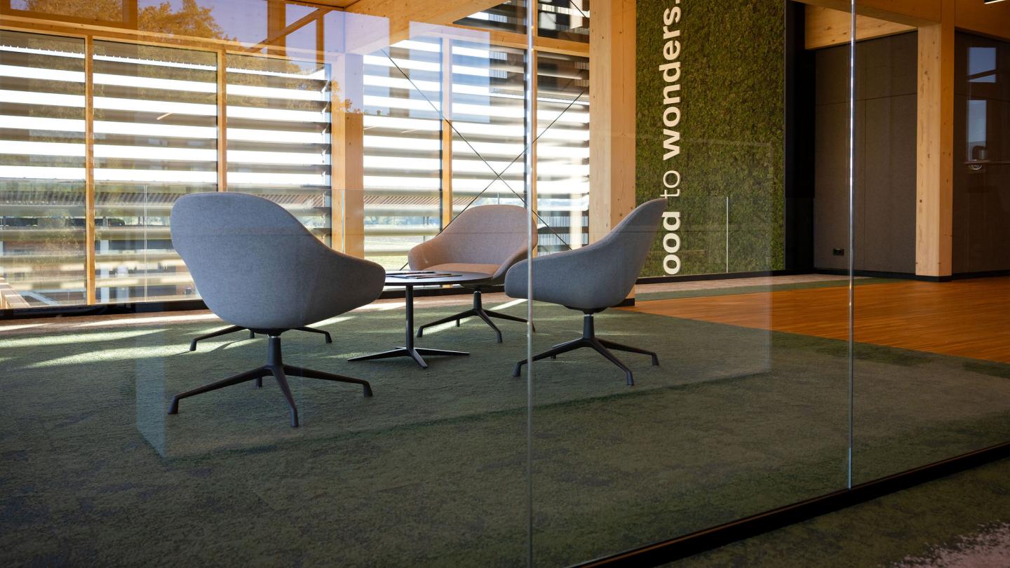 The new office building of HASSLACHER PREDING Holzindustrie, interior 1st floor seating area