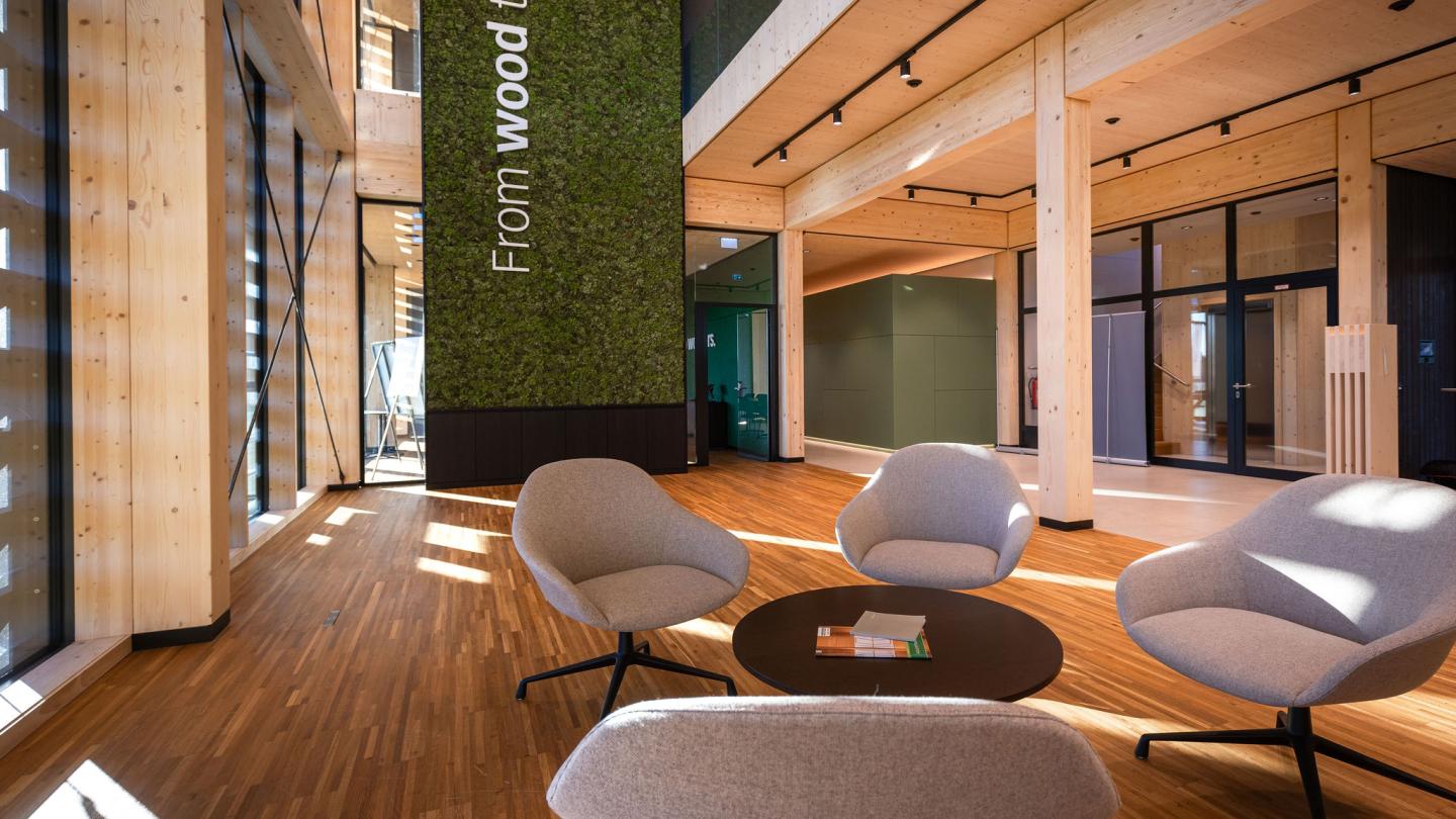 The new office building of HASSLACHER PREDING Holzindustrie, interior seating area