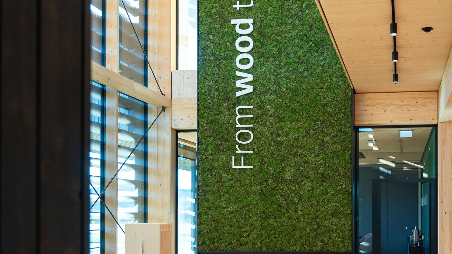 The new office building of HASSLACHER PREDING Holzindustrie, interior entrance area in daylight with moss wall and logo