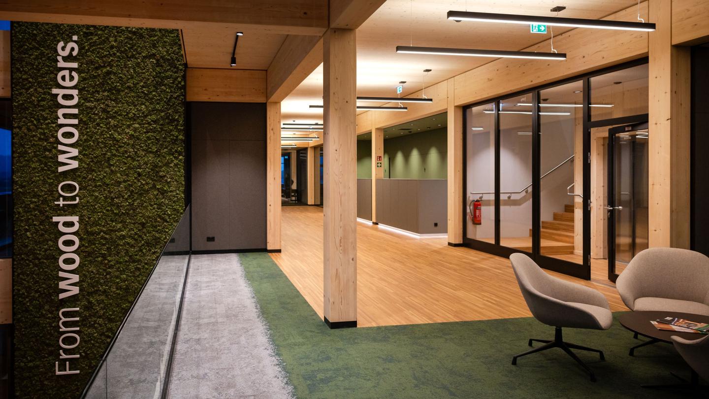 The new office building of HASSLACHER PREDING Holzindustrie, interior 1st floor with seating area