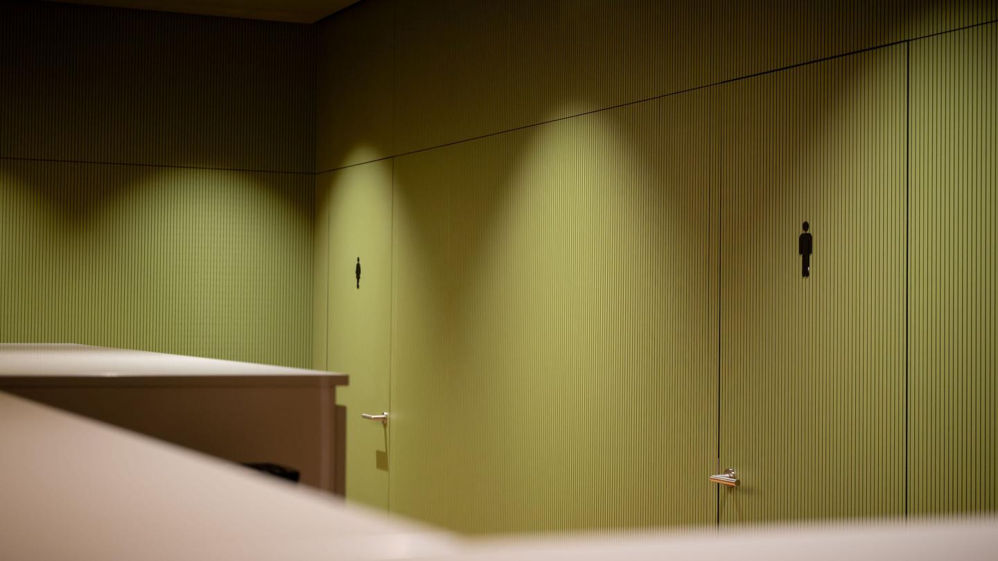 The new office building of HASSLACHER PREDING Holzindustrie, toilets in the entrance area