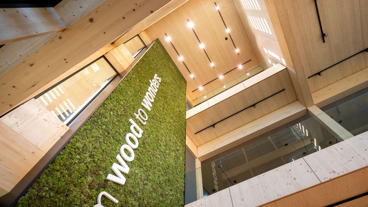 The new office building of HASSLACHER PREDING Holzindustrie, interior view upwards with moss wall and logo
