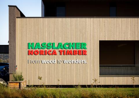 The new office building of HASSLACHER PREDING Holzindustrie, façade with logo